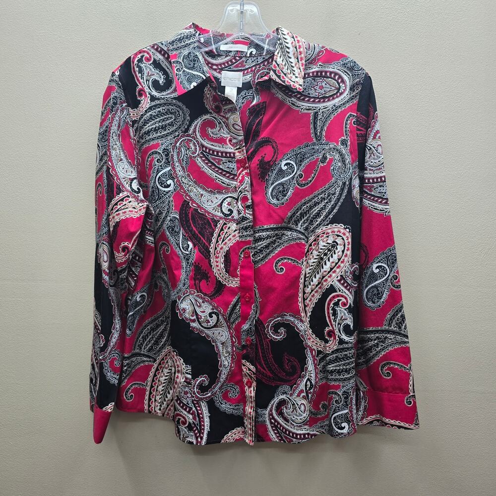 Chico's No Iron Paisley Button-Down Shirt Top Size 2 US LG Bohemian Preppy Retro